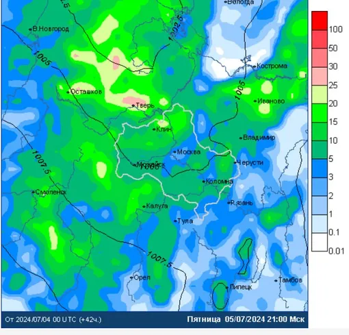 Карта осадков в Москве и Подмосковье в пятницу 5 июля