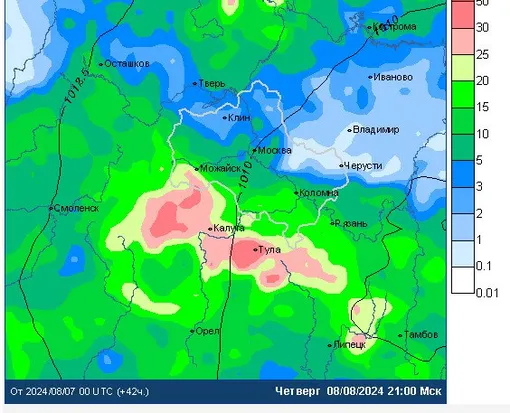 Карта осадков в Москве и Московской области на 8 августа
